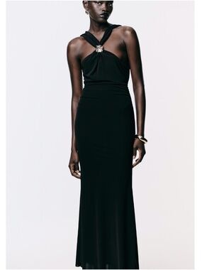 Zara Midi Dress Black Fitted Wrap Gold Neck Detail Criss-Cross Back Slit Large